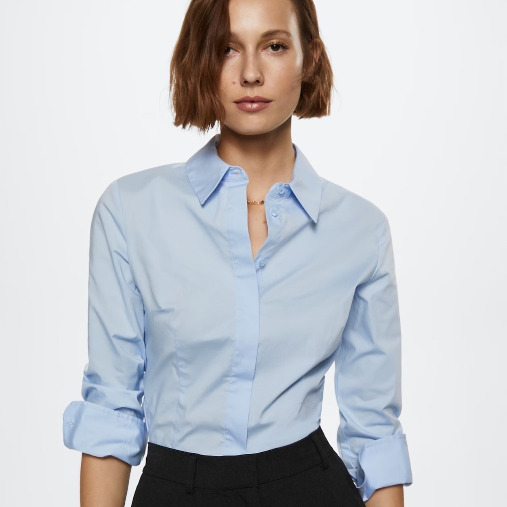 NWT Mango Essential Cotton-Blend Shirt in Blue